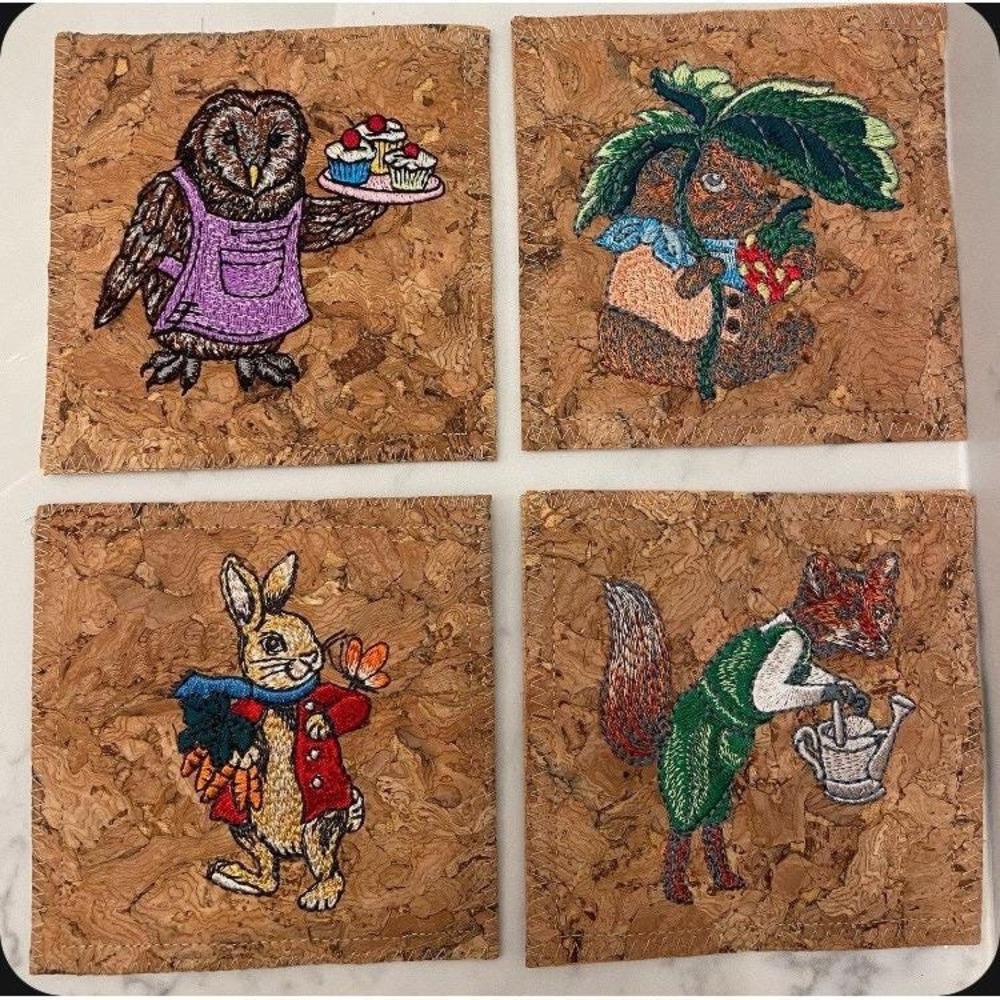 Vintage Handmade Cork Coasters With Woodland Animals Set Of 4‎ EUC